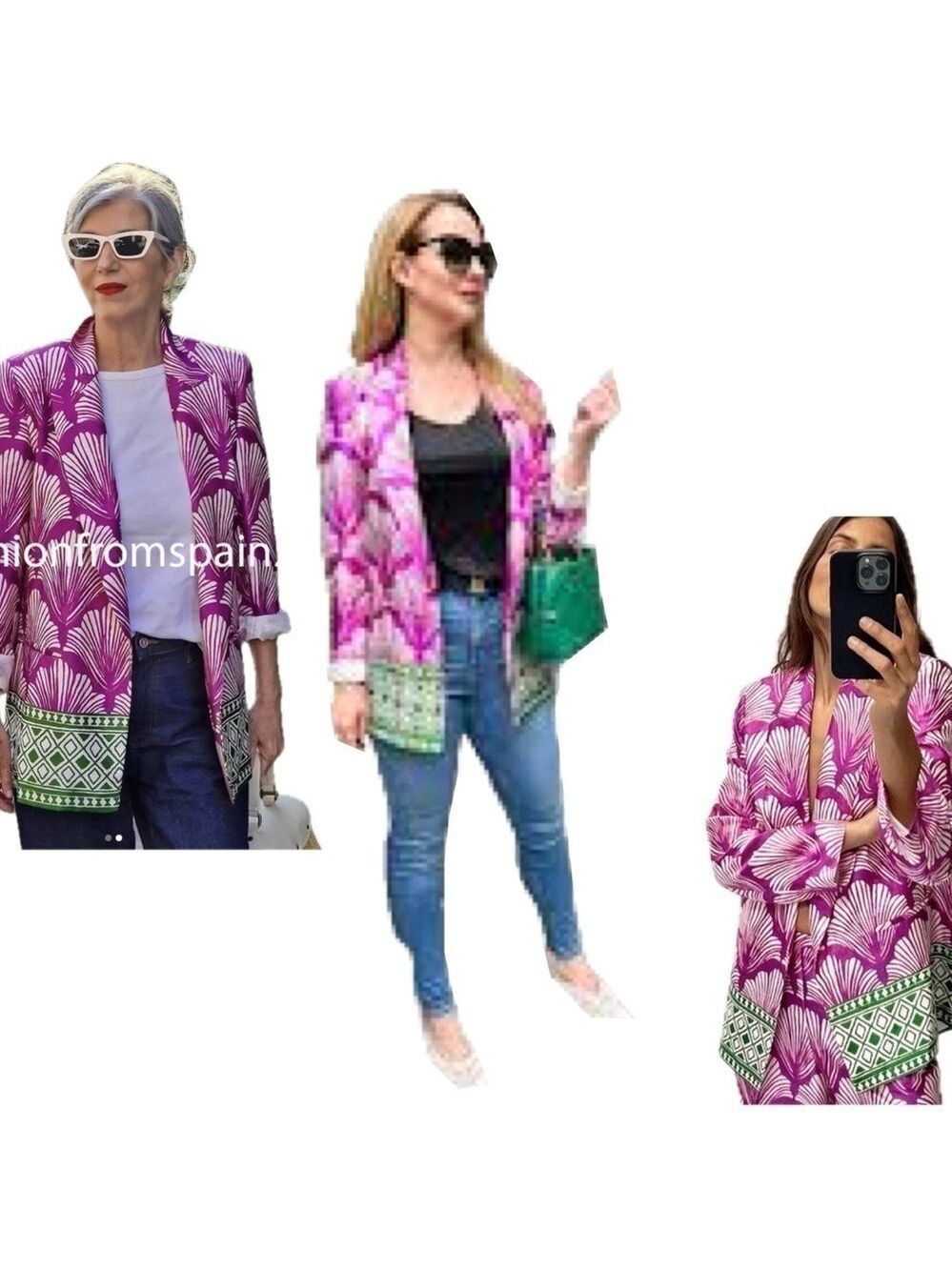 Zara fuchsia purple green printed satin open front long sleeve lapel blazer S